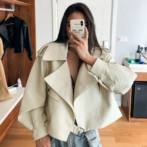 Trendy New Spring Autumn Women Faux Leather Jacket Streetwear Lapel Motorcycle Punk Pu Leather Coat Loose Solid Outerwear