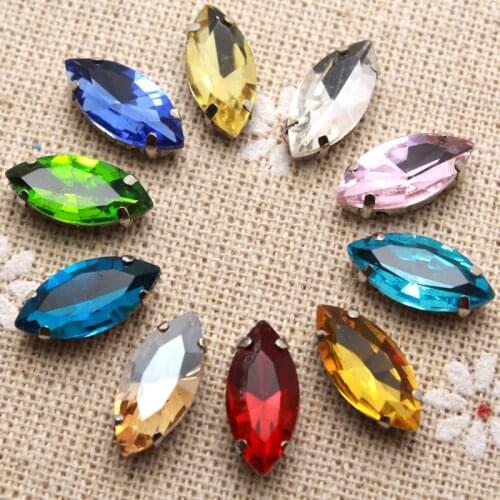 50pcs 7*15mm Crystal Colorful Navette Sew On Rhinestone With Claw Setting Silver Back Fancy Stone With Metal Claw With Holes