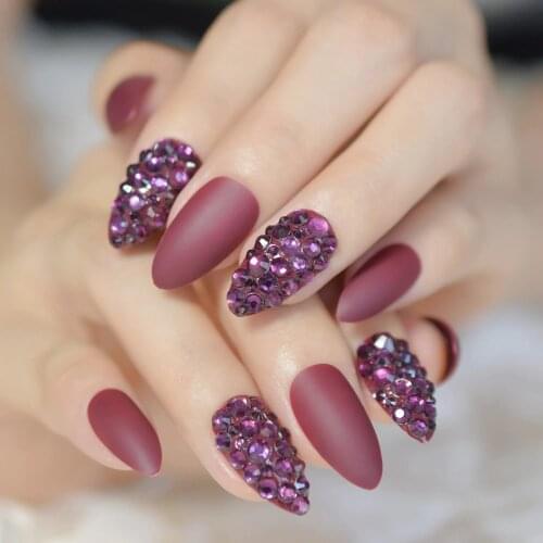 Custom Stiletto Fake Nails Full Rhinestones Beads Design Mauvs Red Falsies Nail Tips 24
