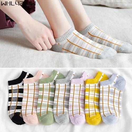 Cotton Harajuku Ankle No Show Socks Woman Girl Grid Colorful Street Fashion Good Quality Breathable,Deodorant,Invisible Socks