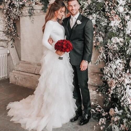 New Design Long Sleeves Wedding Dress Jewel Tiered Tulle Bridal Gown Satin Backless Plus Size Garden Wedding Dresses