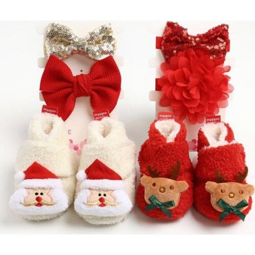 WinterBaby First Walk Shoes Girl Boy Soft Anti-slip Shoes Christmas Deer Santa Claus Cute Baby Shoes+2 Headbands​ Or 2 S