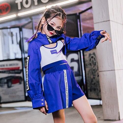 Girls Jazz Dance Performance Tide Clothes ChildrenS Hip-Hop Blue Suit Street Dance Costumes Kids Festival Party Outfits DQL5308