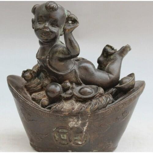 Song voge gem S1726 6" Old Chinese Bronze Feng Shui Yuan Bao Wealth Money Tong Zi Boy Lad Statue