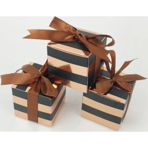 Rose Gold Striped Gift Box Packaging Square Cardboard Box Cake Box for Wedding Birthday Party Home decorations