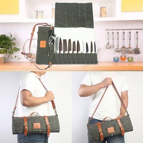 Chef Knife Bag Canvasl Roll Bag Kitchen Cooking Portable Carry Bag Knife Holder Storage Pockets with 11 Pockets Kitchen Tools