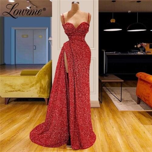 Spaghetti Straps Sexy Prom Dresses Beading High Split Side Party Dress 2020 Handmade African Middle East Evening Gown Dubai