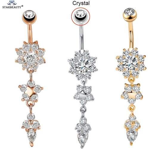 Starbeauty 1pc Crystal Ball Dangle Belly Bars Flower Belly Piercing Rose Gold Earrings Belly Button Rings Navel Piercing Nombril