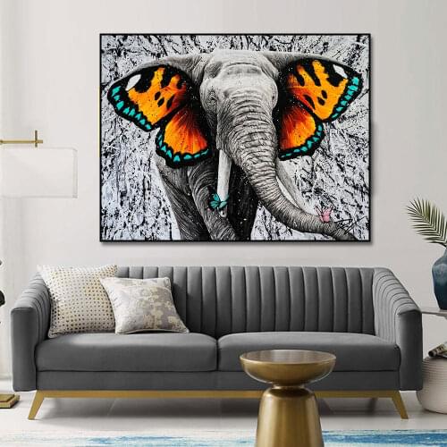 Modern Graffiti Art Elephant And Butterfly Canvas Painting Poster Print Wall Art Picture For Living Room Home Decor Frameless