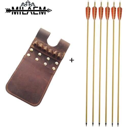 6Pcs Archery Arrow with Arrow Quiver 500 Spine ID6.2mm Real Feather Arrow Leather Arrow Quiver Bow and Arrow Hunting Accessories