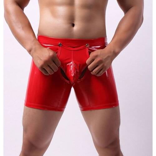 Men Wild PVC Faux Leather U Convex Pouch Boxers Panties Open Crotch Sexy Short Boxer Wetlook Gay Wear Erotic lingerie F20