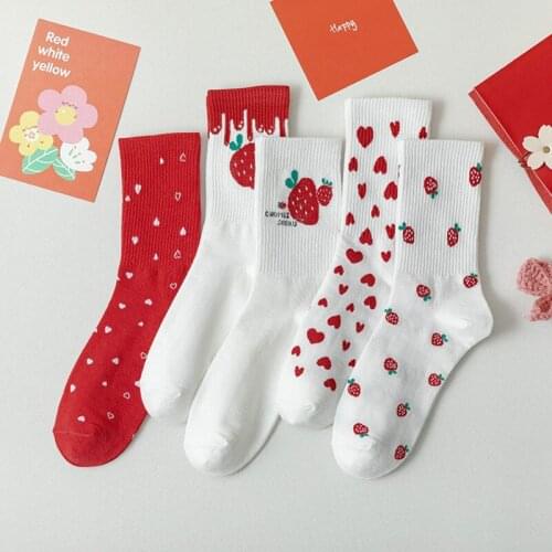Womens White And Red Strawberry Funny Happy Short Socks Women Harajuku Korean Fashion Street Style Kawaii Streetwear