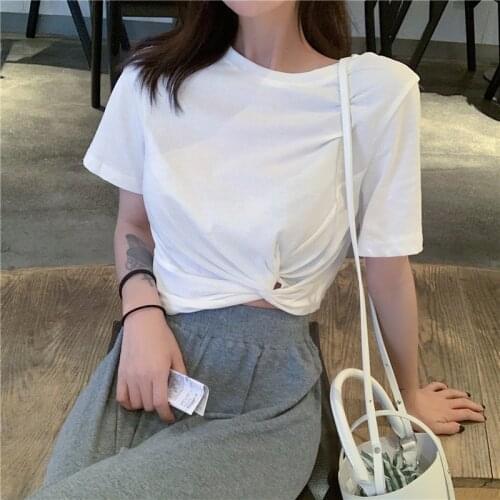 Summer womens slim twist Knot short T-shirt Korean version of the round neck solid color T-shirt fashion hip-hop Tees WA270