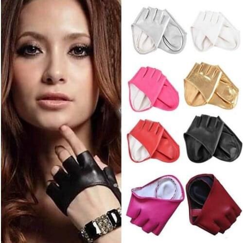 Womens Half Finger PU Leather Gloves Lady Fingerless Driving Show Gloves