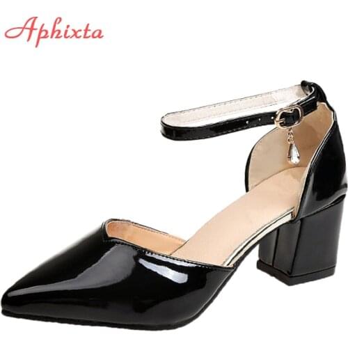 Aphixta 7cm Square Heels Patent Leather Pumps Woman Summer Pointed Toe Casual Crystals Buckle Work Party Shoes Big Size 33-50
