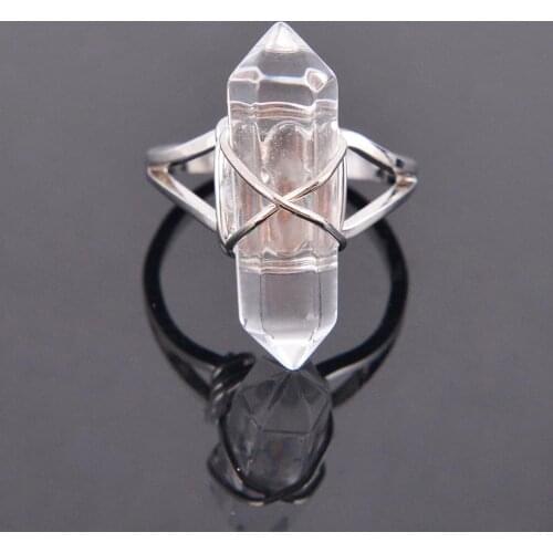 Women Ring Natural Stone White Quartz Opening Rings Hexagon Prism Shape Adjustable Size Women Party Fashion Jewelry Z030