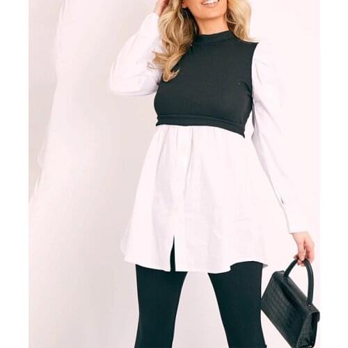 Long Puff Sleeve Womens Mini Shirt Dresses O-Neck A-Line High Waist Patchwork Pullover Dresses Elegant Office Lady Nice Summer