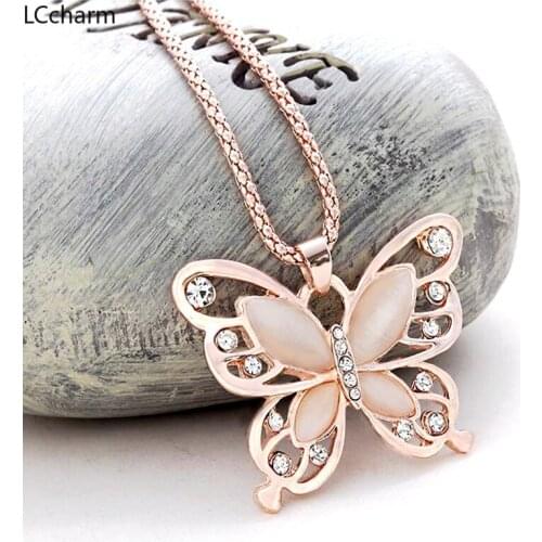 Female Rose Gold Butterfly Charm Necklace Pendant Long Choker Chain Fashion Jewelry