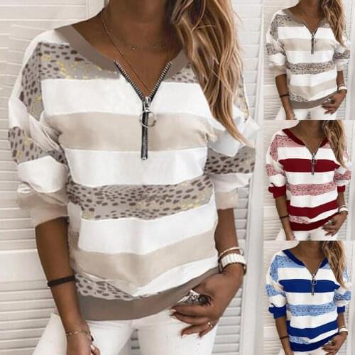 Female Hooded Coat Loose Hoodies Sweatshirt Pullover Stripe Leopard Patchwork Sweatshirt Zipper Long Sleeve Blouse Pullover