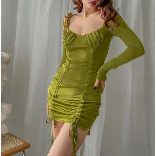 2020 Autumn Winter New Moss Green Pleated Slim Dress Sexy Long Sleeve Above Knee Dresses Women Square Collar High Elastic Skinny
