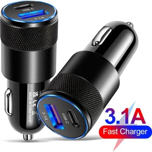 3.1A USB Car Charger PD QC 3.0 Fast Charging for Samsung Note 20 iPhone 12 Pro Xiaomi Tablet LED Dual USB C to C Auto Car Charge