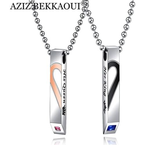 AZIZ BEKKAOUI DIY Her King His Queen Heart Couple Necklaces with Stone Pendant Necklace for Lover Engrave Logo Drop Shipping