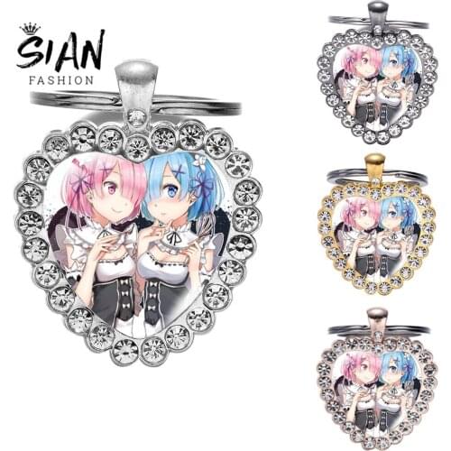 SIAN Japan Anime RE:ZERO Cosplay Keychain Retro Manga 3D Print Glass Dome Key Chain Inlay Shiny Rhinestones Heart Key Ring Gifts