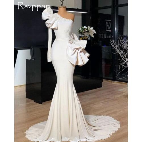 Long Mermaid Evening Dresses 2021 One Shoulder Single Long Sleeve Ruffles White African Women Formal Evening Gowns