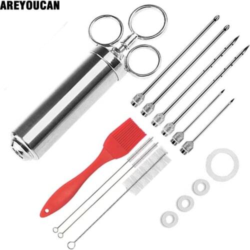 AREYOUCAN Marinade Meat Injector, Stainless Steel BBQ Injector Syringe, 2 Ounce Capacity with 6 Needles Silicone Brush