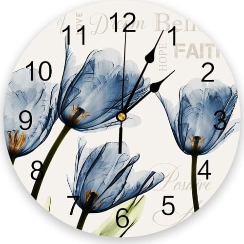 Blue Tulip Flowers Text 3D Wall Clock Modern Design Living Room Decoration Kitchen Clock Art Wall Watch Home Decor