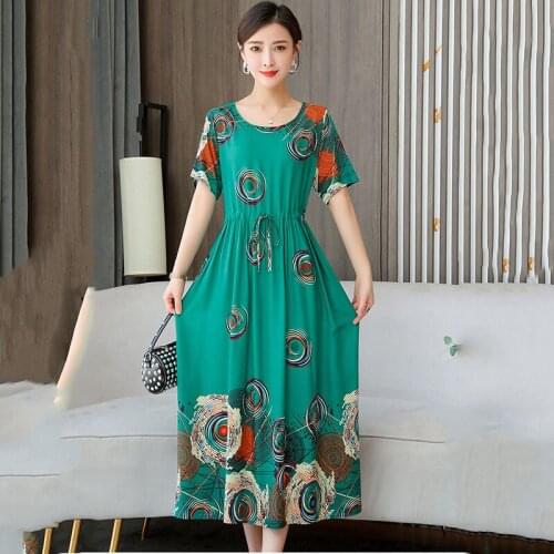 Middle-Aged Mothers New Cotton Silk Big Swing Dress Womens 2021 New Summer Fashion Elegant Short-Sleeve Printed Dresses Female