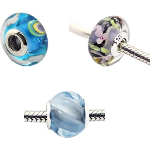 Original Silver Beads Iridescent Rainbow Charm Garden Murano Glass Fits European Woman DIY Bracelets Beads For Jewelry Making