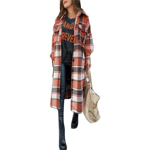 Autumn Winter Jacket Women Long Casual Plaid Coat Turn-down Collar Thickness Warm Woolen Coat Button Pocket Jackets Outwear