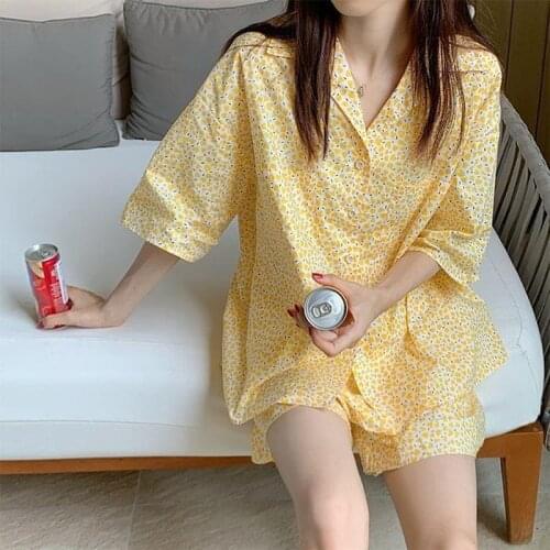Korean Style Home Suit Summer 2021 Pajamas for Women Girl Sweet Pyjama Ensembles Short Sleeve Pijama Floral Yellow Two Piece Set