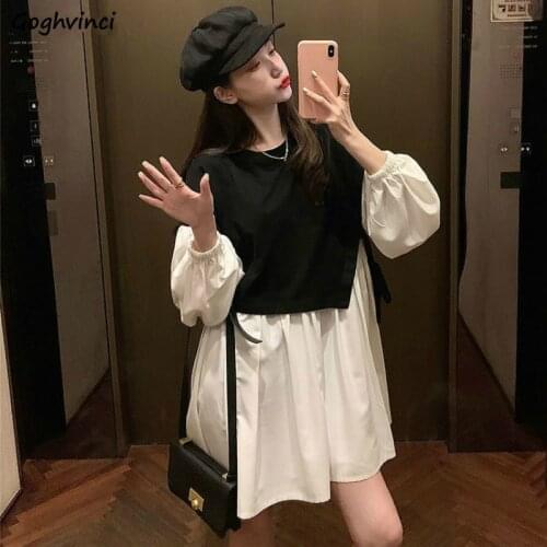 Dress Womens Leisure Chic High Waist A-line Lantern Sleeve Patchwork Fake Two Piece Casual Daily Fashion Kawaii Girls Retro New
