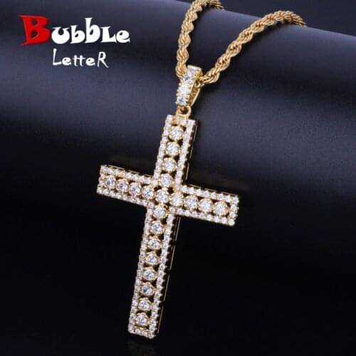 Cubic Zirconia Cross Pendant Gold Color Copper Material Bling Zircon Cross Necklace Men Women Hip Hop Jewelry