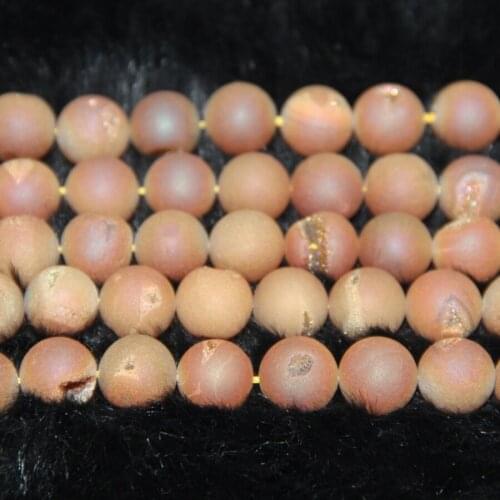 Full 2Strands Metallic Orange Titanium Necklace Beaded, Quartz Crystal Round Druzy Gems Stones Beads 15.5inch