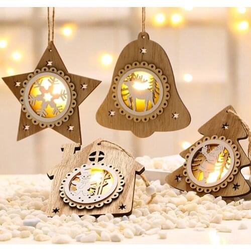 Christmas Snowman Santa Claus elk Snowflake Ornaments Wood Luminous Pendant DIY Hanging On Christmas Tree Xmas Tree New Year