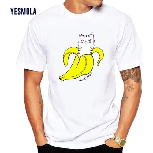 YESMOLA Banana Print T Shirt Eat Me Women Cotton O Neck Short Sleeve Tees Tops Banana and Cat Summer Women Tshirt Funny