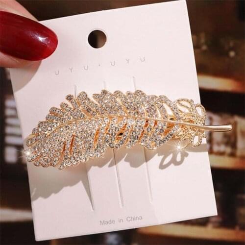 Fashion Crystal Leaf Feather Elegant Women Barrettes Hair Clip Hairgrips Hair Pin Hair Accessories Rhinestone Hairpin for Girls