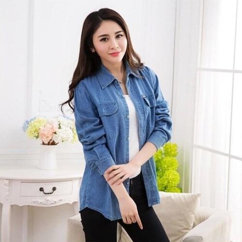 Buttons Cardigan Tops Spring Summer Turn-down Retro Collar Denim Shirt Womens Casual Loose Female Blouse Tops Workwear Shirts