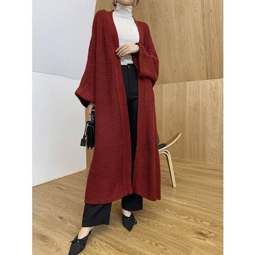 [ZAYAU]Wine Red Brown Long Knitted Sweater Coat womens Autumn Winter Loose Oversize Commuter Cardigan Solid 2021