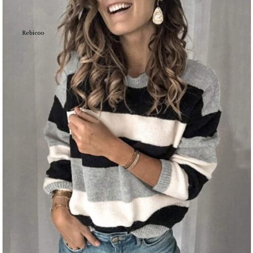 Women Patchwork Stripe Print Knitted Sweater Casual o Neck Long Sleeve Pullover Top Autumn Winter Plus Size Sweaters Jumper