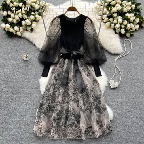 Neploe Ladies Autumn New Dress Woman Palace Style Embroidery Printed Vestidos De Mujer Knit Mesh Puff Sleeve Spliced Robe Female