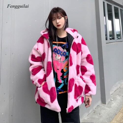 Winter New Style Korean Love Heart Print Thick Loose Casual Bf Style Fashion 2021 Jacket for Women