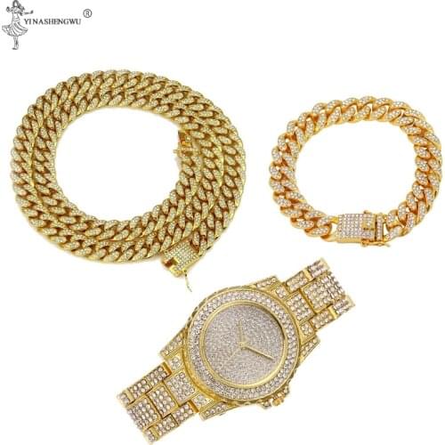 3 Pcs Necklace+Watch+Bracelet Hip Hop Miami Cuban Chain Iced Out Paved Rhinestones CZ Bling Rapper Men Jewelry Gift Joyas 12MM