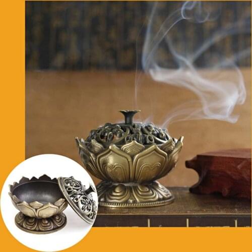 Chinese Buddha Alloy Incense Burner Lotus Flower Incense Holder Handmade Censer for Buddhist Home Office Decoration