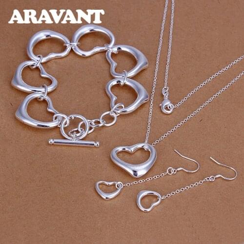 925 Silver Jewelry Sets Romantic Heart Pendant Necklace Chains Long Chains Dangle Earring Bracelet Set Women Engagement Jewelry