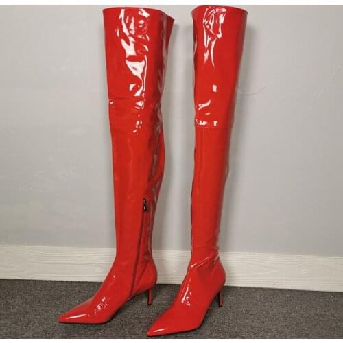 Red Patent Leather Thigh High Boots Stiletto Thin Heel 7.5 cm Over The Knee Boots Pointy Toe Zipper Winter Boots Real Picture