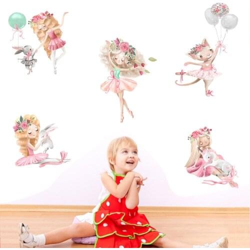 Rabbit Balloon Ballet Girl Wall Stickers for Living Room Decoration Wall Decals Children Kids Room Vinyl Wallpaper Pink Girls